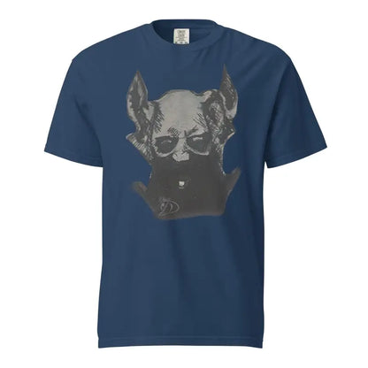 Navy blue unisex garment-dyed heavyweight t-shirt with grey horned sunglasses art