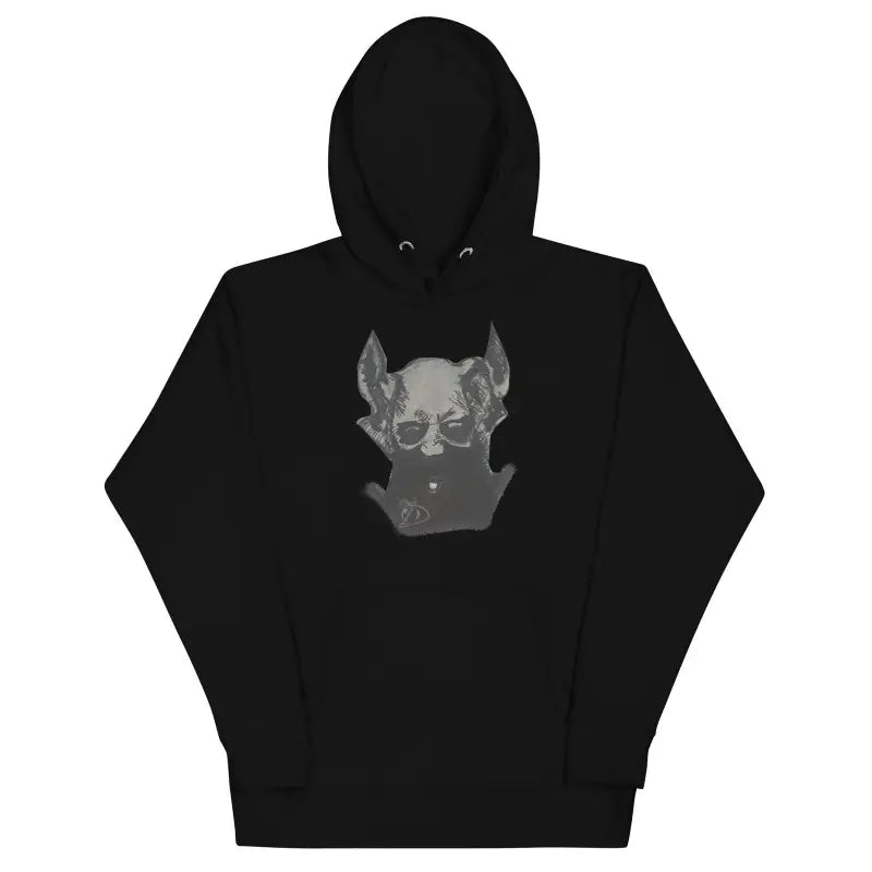 Black hoodie featuring a grey demonic dog graphic, designed with a cool design and pouch pocket