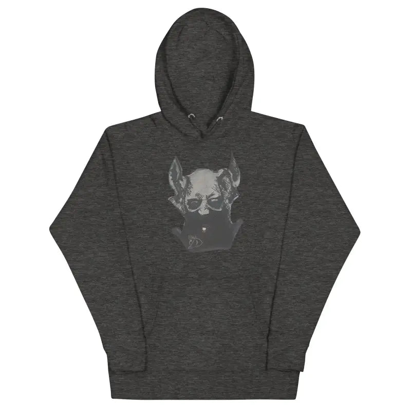 Dark gray hoodie with skull graphic, featuring the softest material and pouch pocket