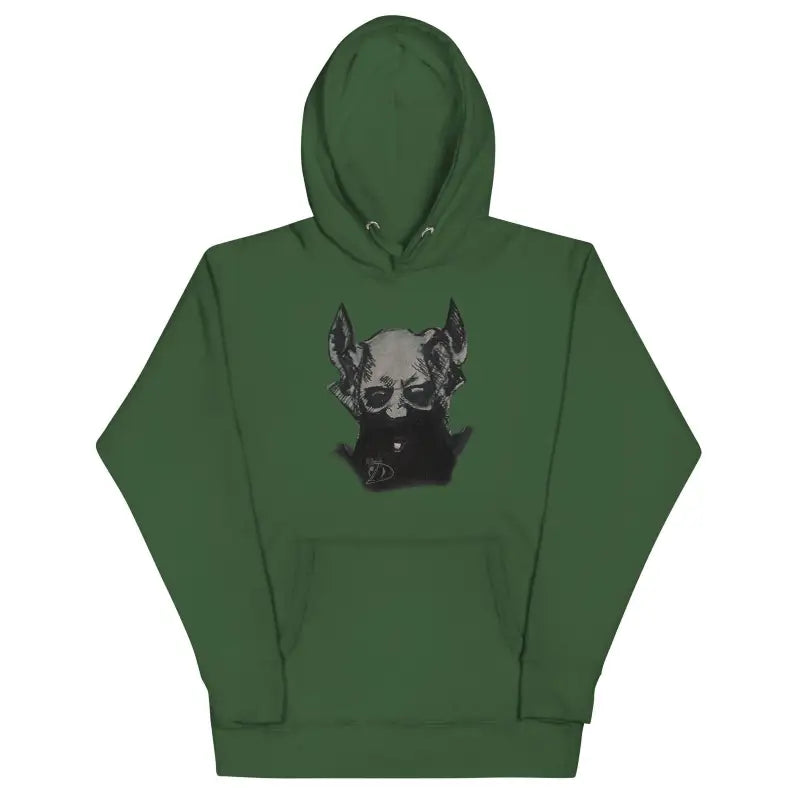 Forest green hoodie featuring a dark dog portrait, showcasing a cool design and pouch pocket