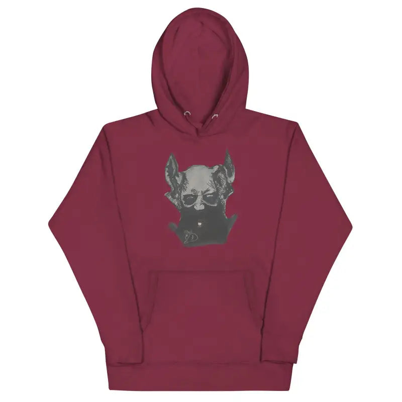 Burgundy hoodie sweatshirt featuring a gray graphic design and pouch pocket, softest hoodie