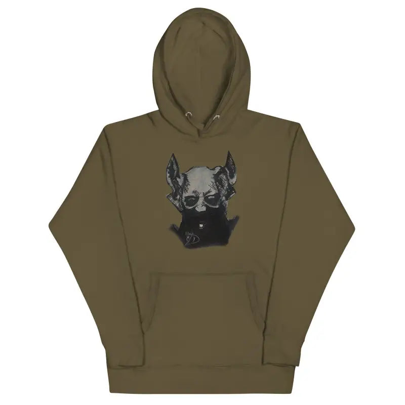 Olive green hoodie featuring a dog graphic design, softest hoodie with pouch pocket