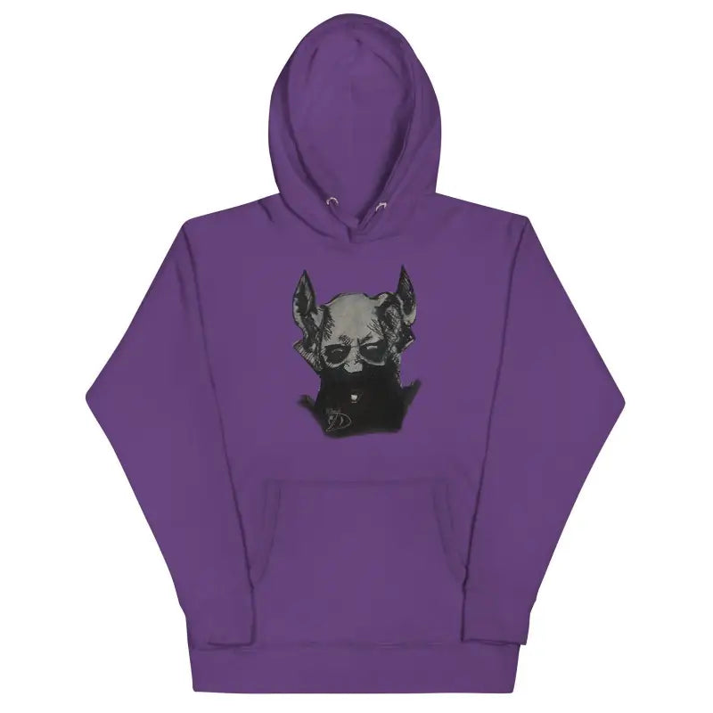 Purple hoodie featuring a dark dog graphic, showcasing a cool design and pouch pocket