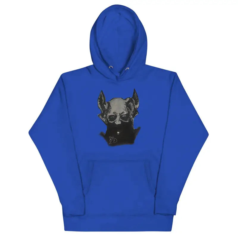 Royal blue hoodie featuring dark gray dog graphic, showcasing cool design and pouch pocket