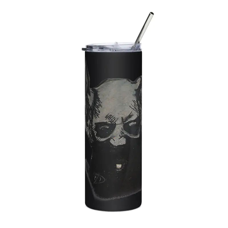 Black stainless steel tumbler with sinister demonic figure design and straw