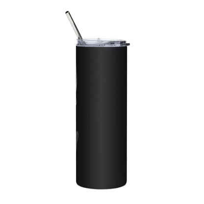 Black stainless steel tumbler with straw and lid featuring a sinister demonic figure