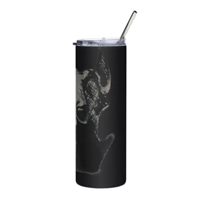 Black stainless steel tumbler featuring a sinister demonic figure and metallic straw