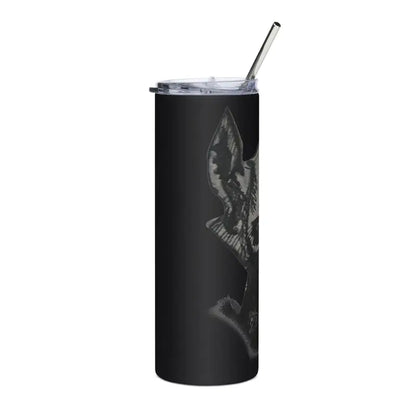 Black stainless steel tumbler featuring a sinister demonic figure design with straw