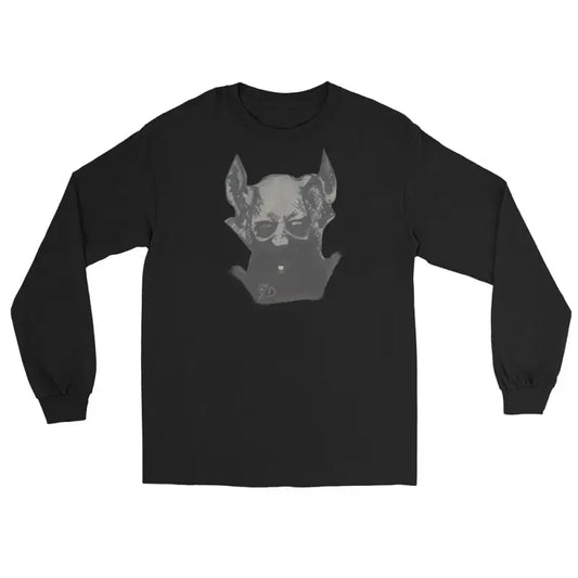 Black unisex long sleeve t-shirt featuring a gray bat graphic and demonic figure design