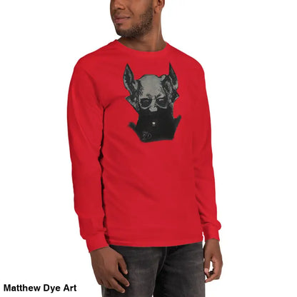 Red unisex long sleeve shirt featuring a demonic figure design in pre-shrunk jersey knit