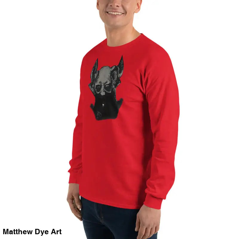Red unisex long sleeve shirt featuring a demonic figure design on pre-shrunk jersey knit