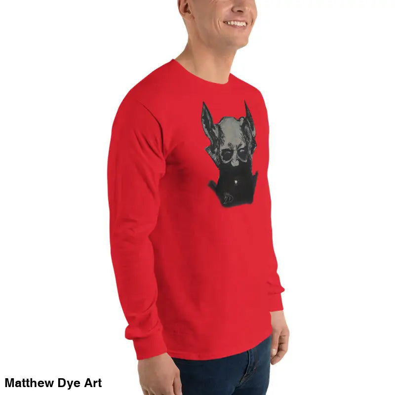 Red unisex long sleeve shirt featuring demonic figure design in occult elegance