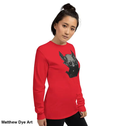 Red unisex long sleeve shirt featuring demonic figure design on pre-shrunk jersey knit
