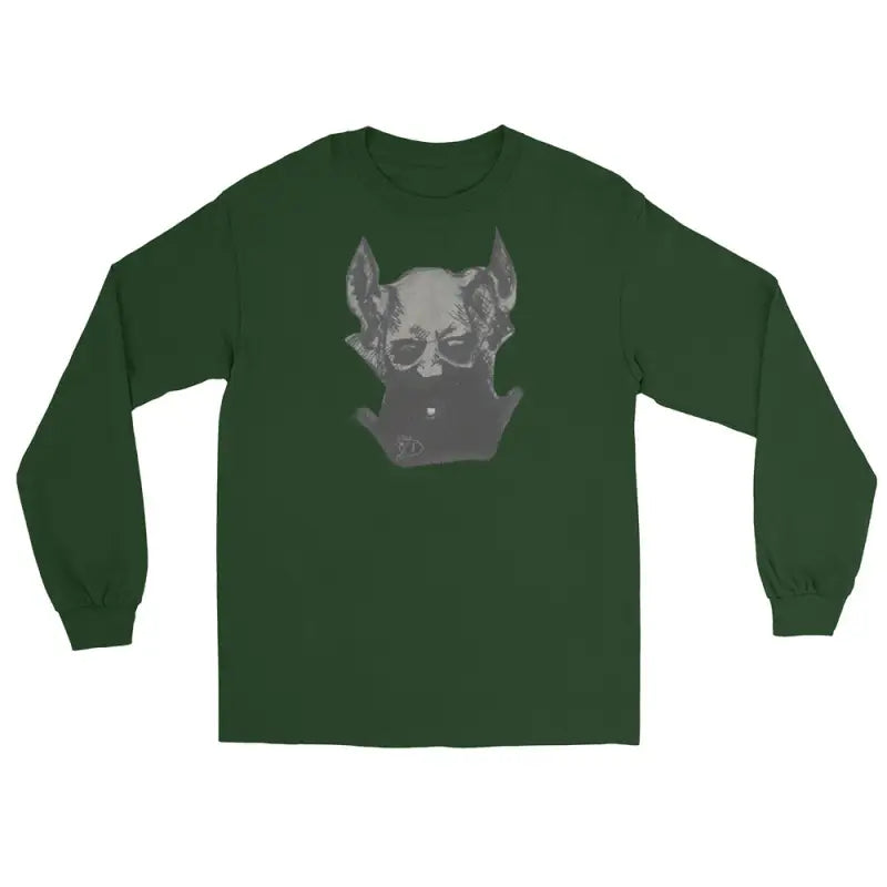 Forest green unisex long sleeve tee featuring a demonic figure design with a grey dog head