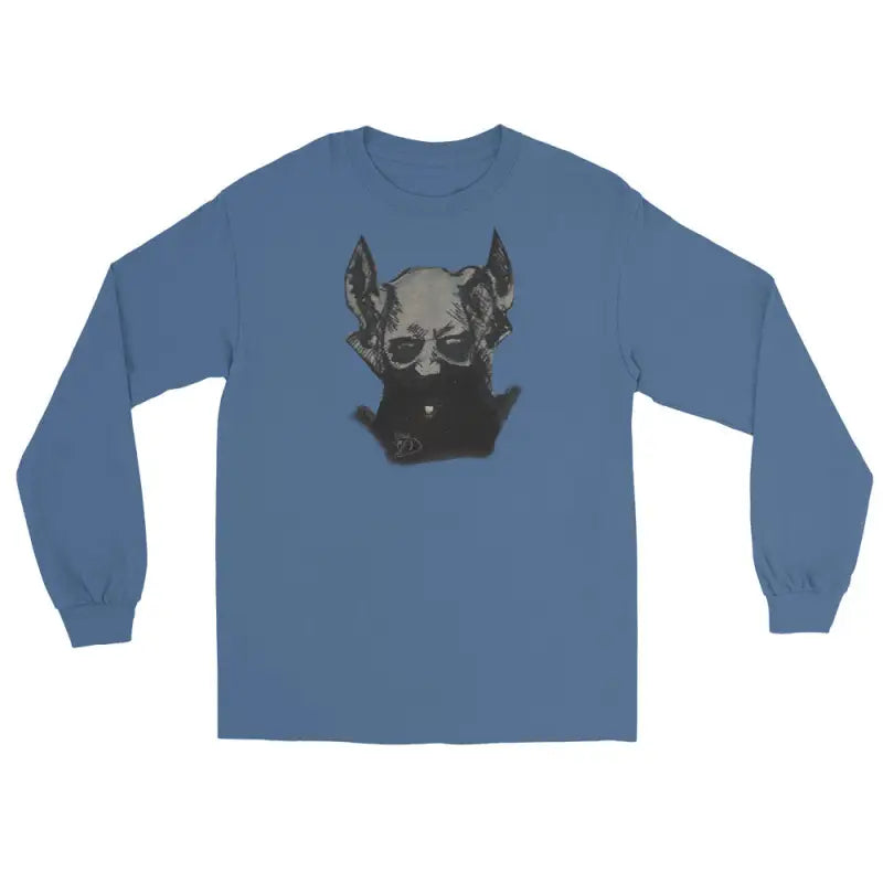 Blue unisex long sleeve t-shirt featuring demonic figure design and black dog head graphic