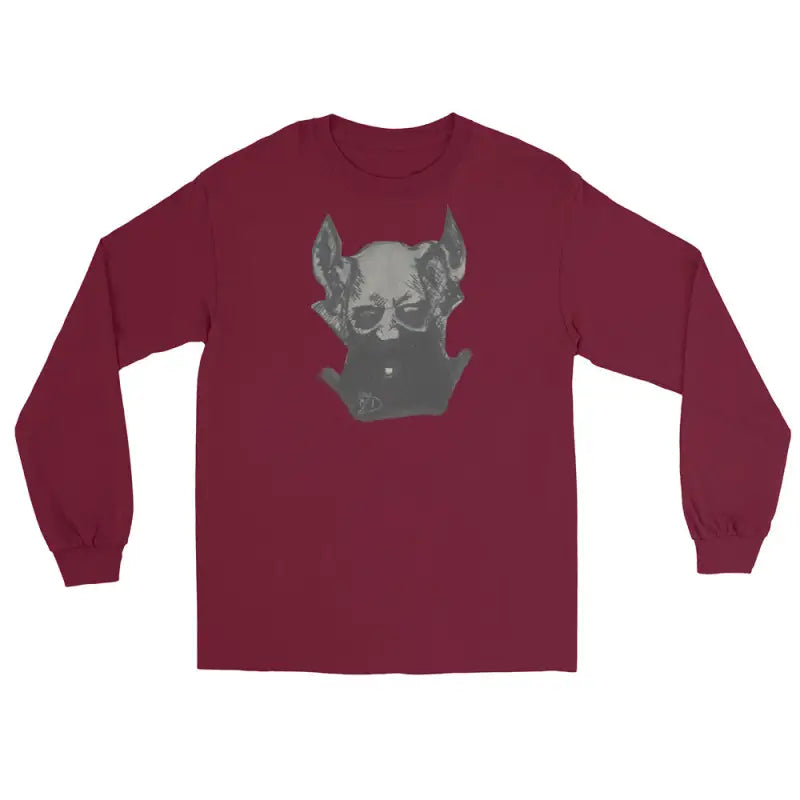 Burgundy unisex long sleeve t-shirt featuring a gray dog head graphic and demonic figure design