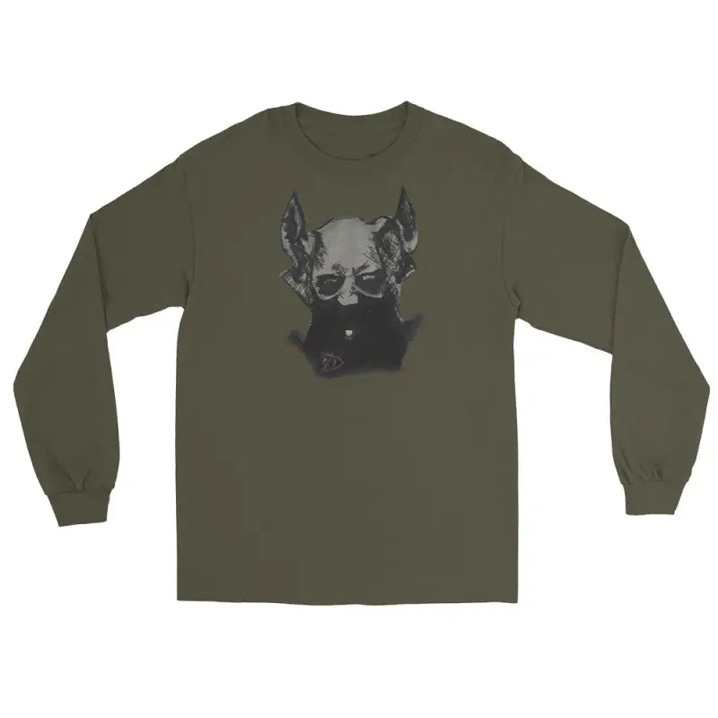 Olive green unisex long sleeve tee featuring a black German Shepherd demonic figure design