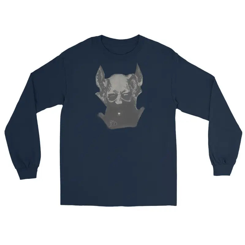 Navy blue unisex long sleeve t-shirt featuring a grey bat graphic and demonic figure design