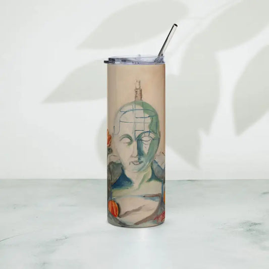 Artistic stainless steel water bottle with abstract face design and straw, reflective oil painting