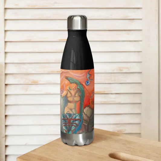 Stainless steel water bottle with teal and orange patterns from Binding Art collection