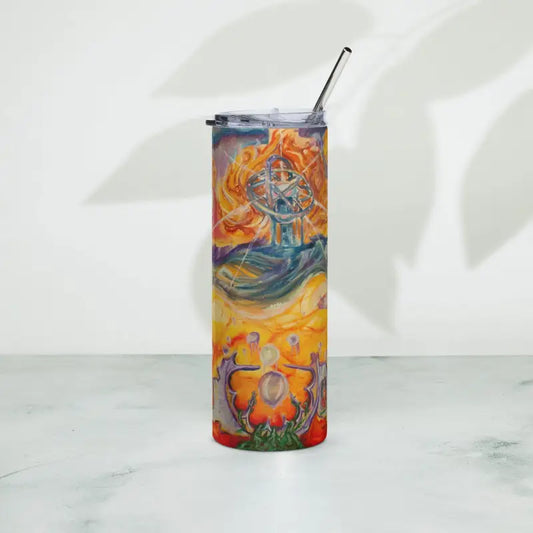 Colorfully decorated stainless steel tumbler with floral and flame designs in Abstract Harmony