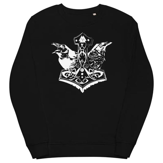 Black Eco-Friendly Grey Mjölnir Sweatshirt featuring Viking Thor Hammer and ravens design