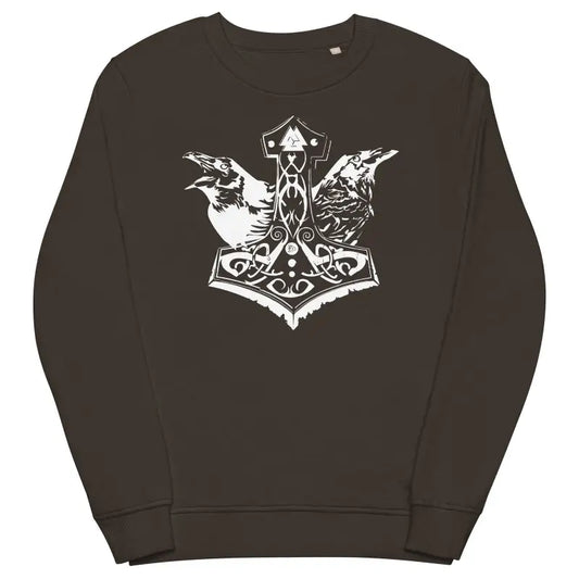 Dark brown sweatshirt featuring Viking Thor hammer design with ravens in eco-friendly fabric