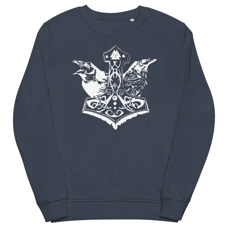 Navy blue sweatshirt with white Norse Thor hammer design, part of eco-friendly grey Mjölnir line