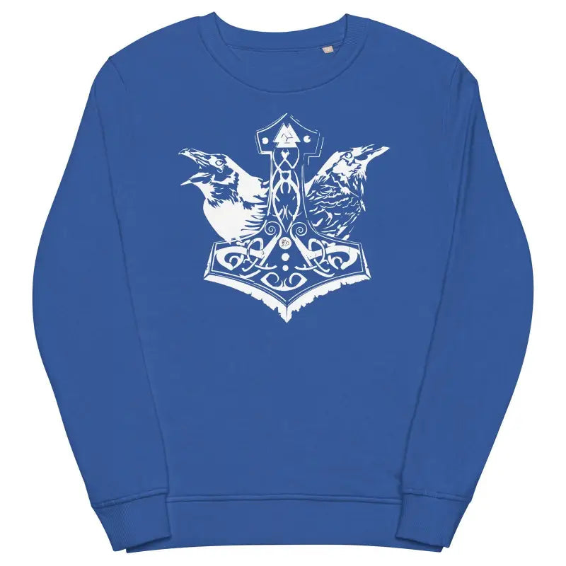 Blue sweatshirt with white Norse Thor hammer design, part of Eco-Friendly Grey Mjölnir collection