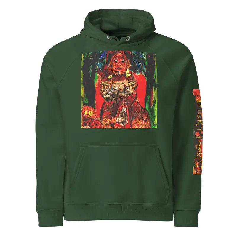 Forest green eco raglan hoodie featuring colorful horror-themed artwork on front and sleeve