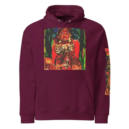 Burgundy eco raglan hoodie featuring colorful fantasy artwork on front and sleeves