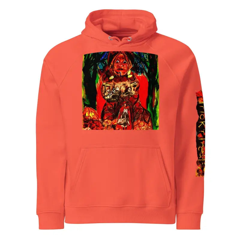 Coral eco raglan hoodie featuring dark horror graphic design on front and sleeve