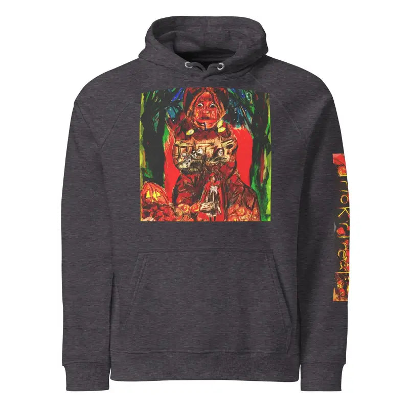 Dark gray eco raglan hoodie with colorful horror-themed graphic design on front and sleeve