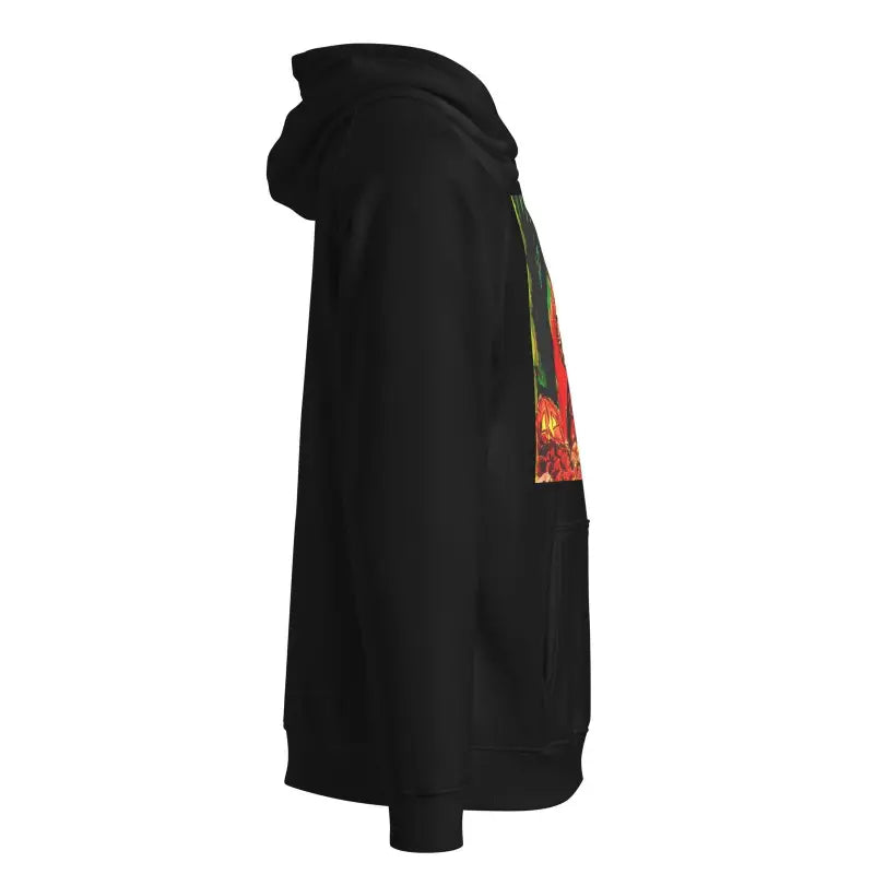 Black hooded Eco Raglan hoodie featuring colorful graphic design on the side