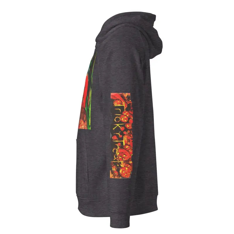 Black eco raglan hoodie featuring red floral text design on sleeve for unisex style