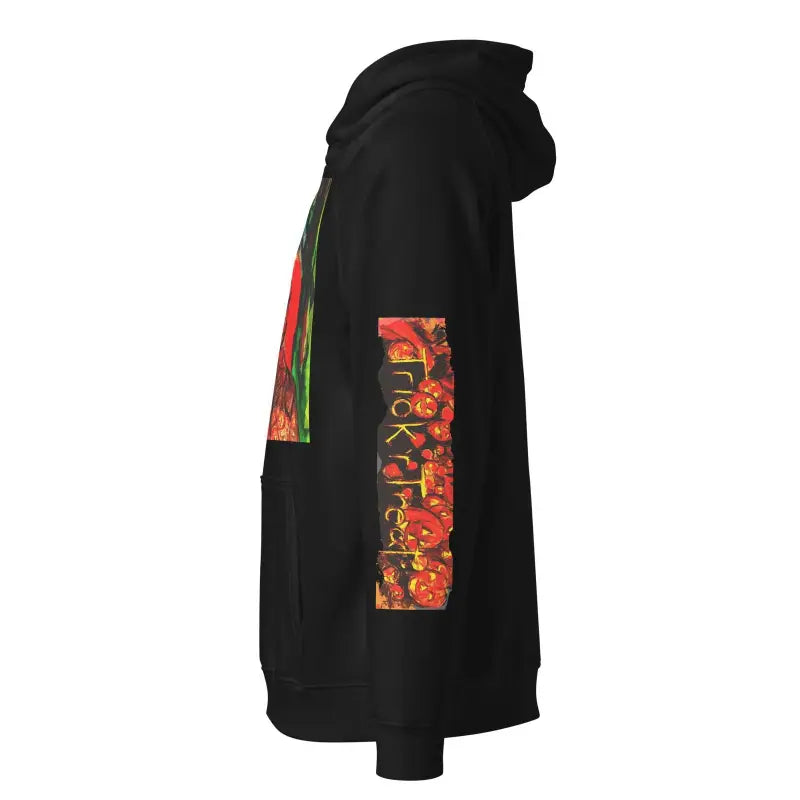 Black eco raglan hoodie with red floral accents on sleeves from Autumn’s Embrace collection