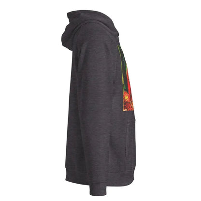 Black hooded Eco Raglan Hoodie featuring colorful graphic design for unisex fashion