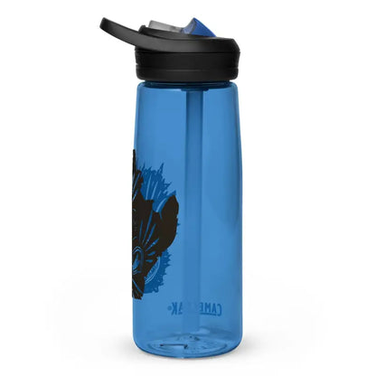 Blue translucent water bottle with black flip-top lid, featuring Kitty Head Sports design