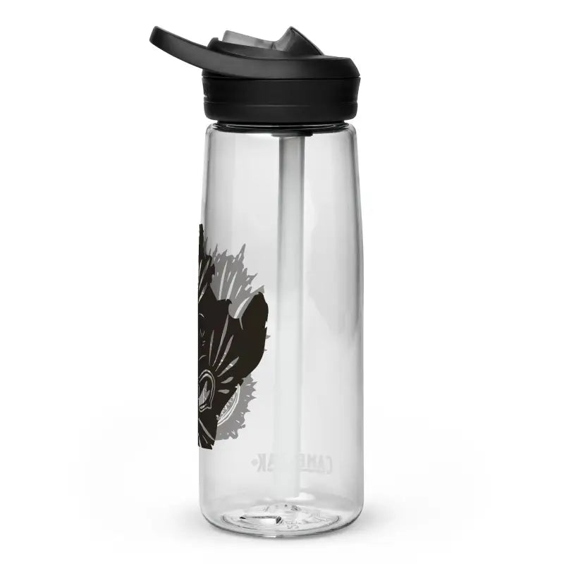 Clear plastic water bottle with black floral design from Kitty Head Sports collection