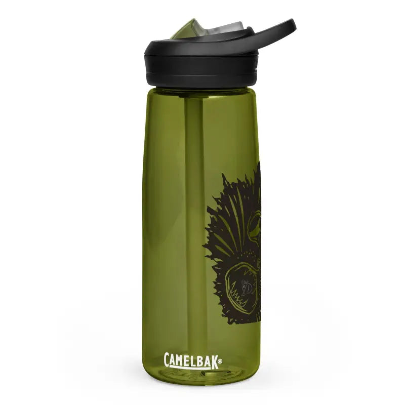 Olive green CamelBak sports water bottle with black lid and dark decorative design