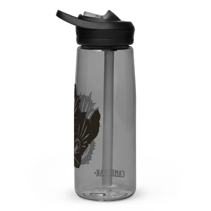 Grey translucent water bottle with black lid and dark graphic design, Kitty Head Sports