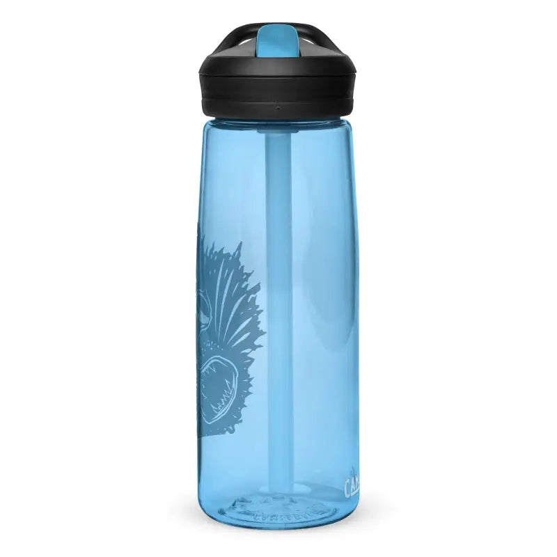 Blue transparent water bottle with black flip-top lid for the Kitty Head Sports Water Bottle