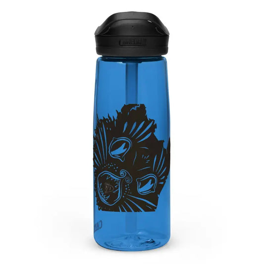 Blue transparent water bottle with black lid and dark bird design for Kitty Head Sports