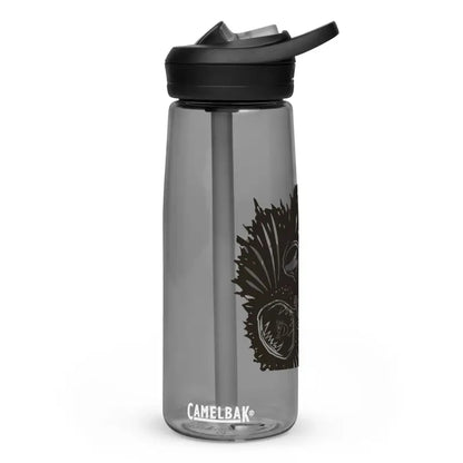 Grey CamelBak water bottle with black lid and kitty head sports design for hydration