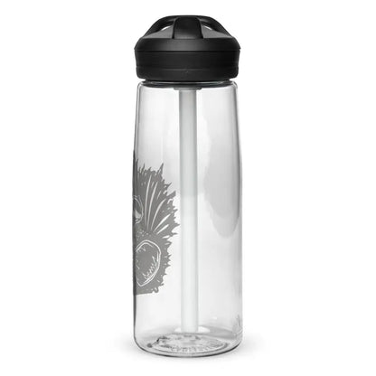 Clear plastic water bottle with black lid and feather design for Kitty Head Sports