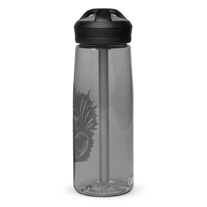 Clear plastic water bottle with black lid and feather design, perfect for Kitty Head Sports