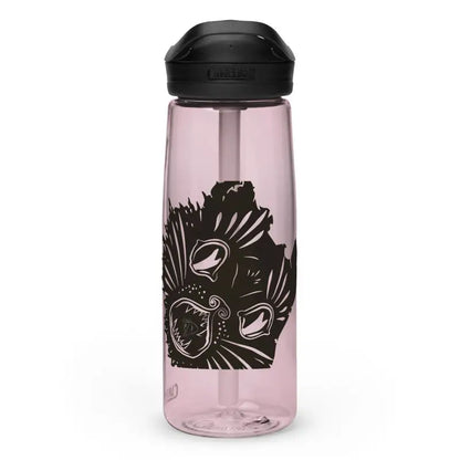 Pink transparent water bottle with black floral design from Kitty Head Sports collection