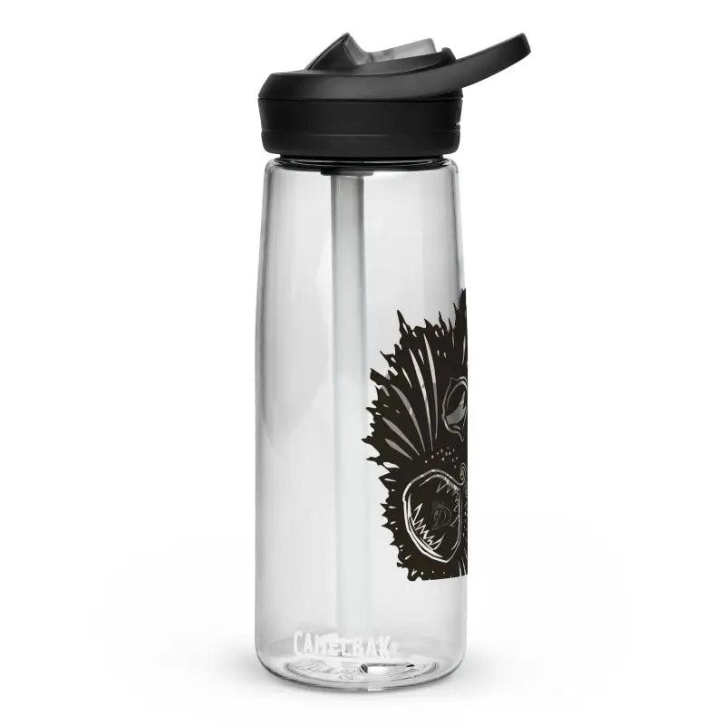 Clear plastic water bottle with black flip-top lid and dark design for Kitty Head Sports