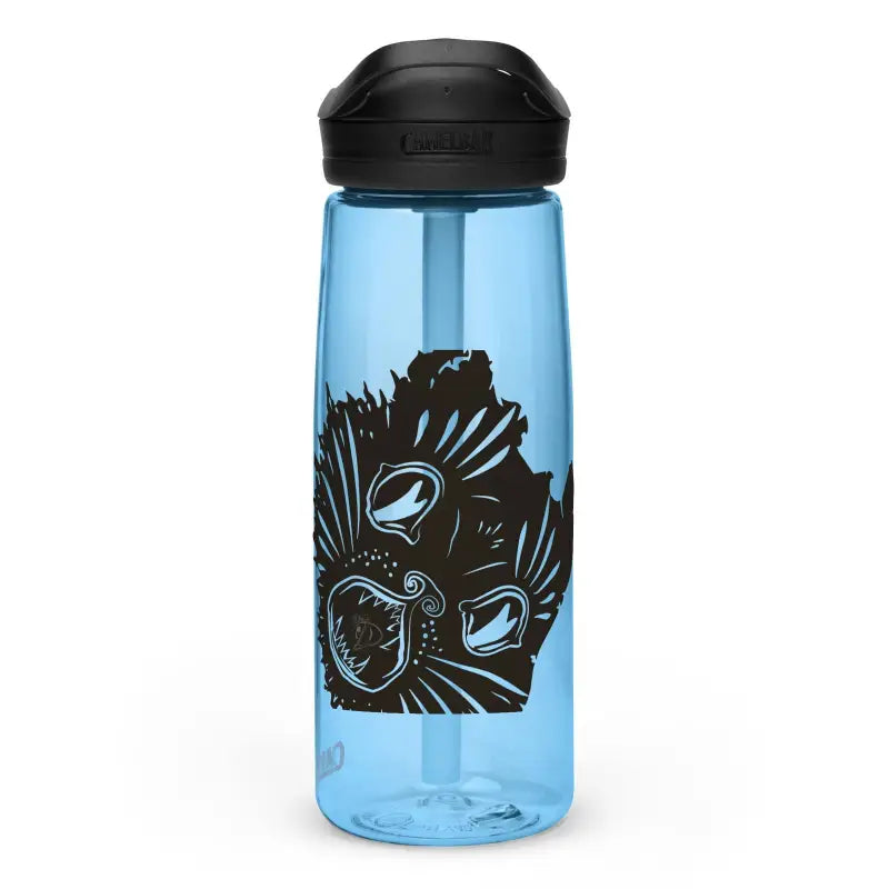 Blue transparent water bottle with owl design from the Kitty Head Sports collection