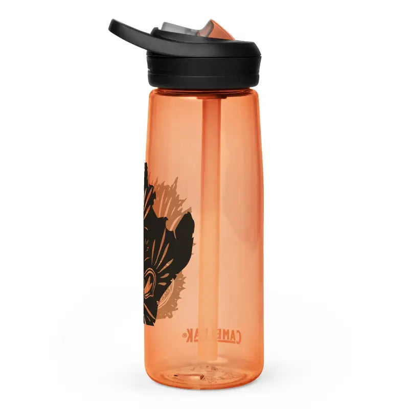 Orange translucent water bottle with black floral design from Kitty Head Sports